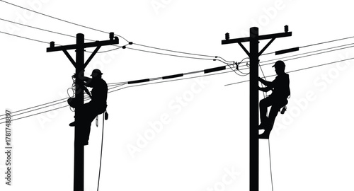 Utility, lineman, silhouette, workers, power, pole, climb, repair, maintenance, safety, gear, helmet, harness, cable, teamwork, infrastructure, outage, high-voltage, job, equipment