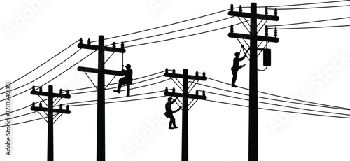 Utility workers silhouette, electrical pole network, climbing and bucket truck maintenance, safety gear, power line vector illustration, skilled trades – flavector