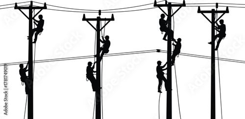 Utility line workers climbing poles, silhouette vector, electrical maintenance, safety gear, teamwork, skilled trades, power infrastructure, black and white illustration