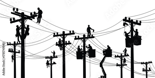  Utility workers silhouette, electrical pole network, bucket truck maintenance, safety gear, power line installation vector illustration, skilled trades – flavector