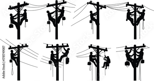 Utility worker silhouettes, electrical pole climbing, safety gear, power line maintenance, black vector illustration set, skilled trades action poses – flavector