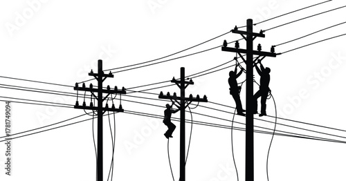Utility pole workers silhouette, electrical line maintenance, safety harness, skilled labor, power infrastructure, black and white vector illustration – flavector