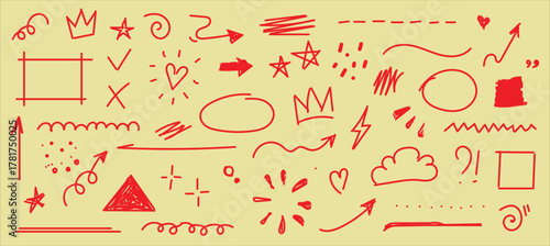 Line cute element set. Hand drawn scribble heart, arrow, flower and cloud elements on chalkboard background. Doodle sketch heart, star, cloud cartoon sticker shapes. Vector illustration