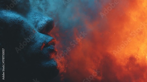 Abstract Human Face Profile in Blue Smoke and Fiery Orange Nebula. Dark Dramatic Mood. 3D Render