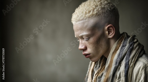 Young African albino man with light skin and freckles. wearing a patterned scarf and shirt. lookin