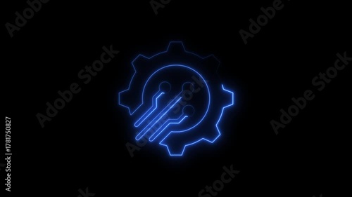 Blue Neon Gear Circuit Icon on Black Background artificial intelligence cogwheel
