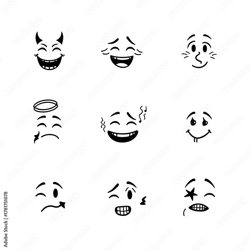 Fototapeta premium Expressive cartoon faces convey emotions for fun designs
