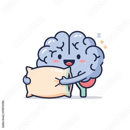 A cute cartoon brain character hugging a pillow, getting ready for a good night's sleep and rest.