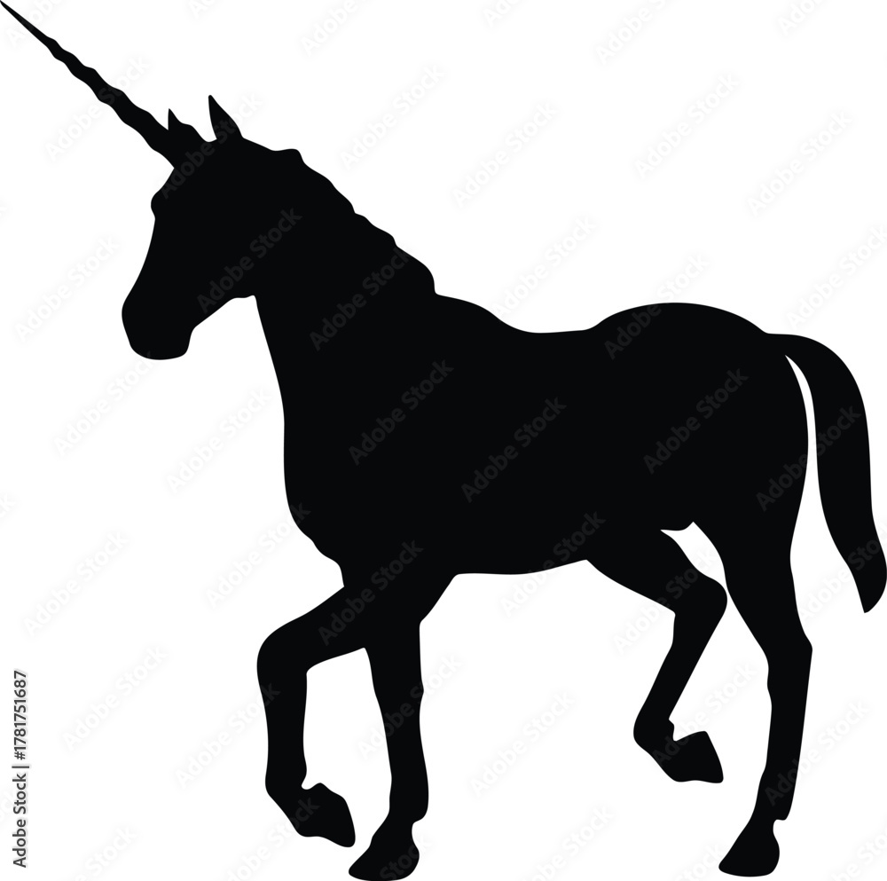 Fototapeta premium Silhouette of a majestic unicorn with a spiraling horn walking gracefully on a white background