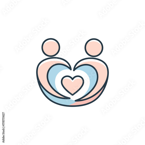 Stylized people hugging in a heart shape, representing love, community, and support.