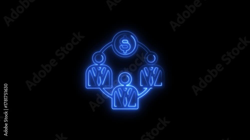 Neon blue icon of people collaborating around a dollar sign business finance