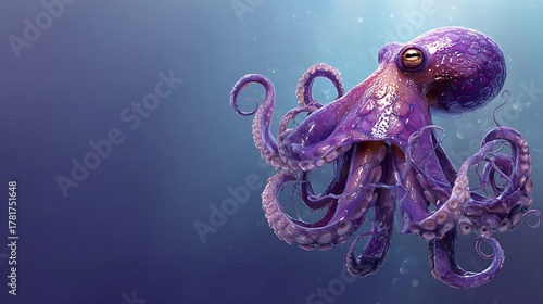 Vibrant Purple Octopus Floating Mysteriously in Deep Blue Ocean Water with Bubbles