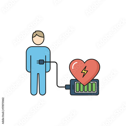A person's heart is being recharged by a full battery, symbolizing renewed life and energy.