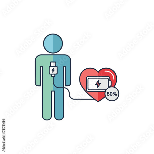 Conceptual illustration of a person recharging their heart, represented as a battery at eighty percent.