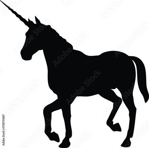 Silhouette of a majestic unicorn with a spiraling horn walking gracefully on a white background