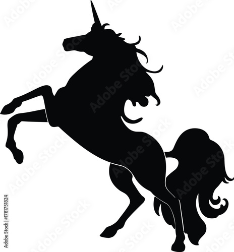 Majestic silhouette of a rearing unicorn with flowing mane and tail against a white background