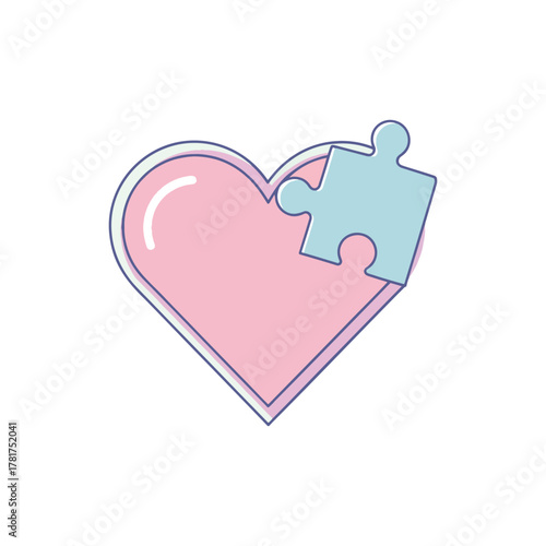 A pink heart with a single blue jigsaw puzzle piece completing it, symbolizing love and connection.