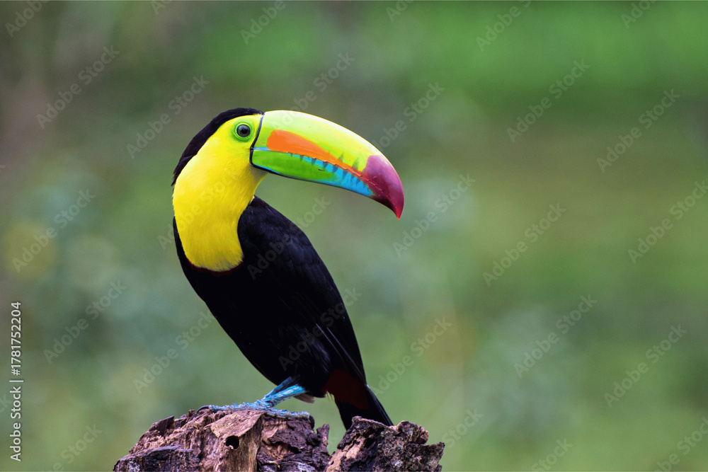 Naklejka premium Vibrant Toucan Perched on a Tree Stump Amidst Lush Greenery