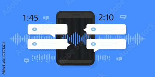 Smartphone displaying voice messages and audio waveform on a vibrant blue background with chat bubbles