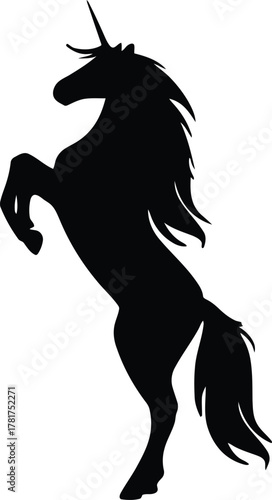 Majestic black silhouette of a rearing unicorn against a white background