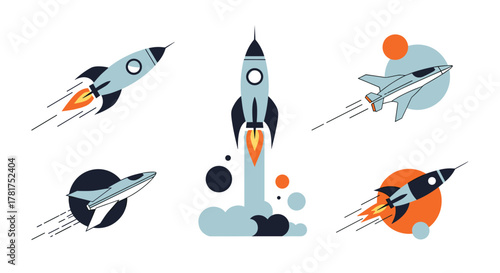 A collection of stylized rockets blasting off into outer space with planets and stars in the background