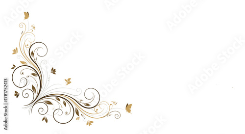 Elegant golden floral flourish with delicate falling leaves creating a sophisticated corner accent on a white background.