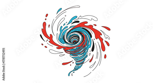 A dynamic swirling vortex of red and blue liquid splashes creating a sense of powerful motion and chaotic energy.