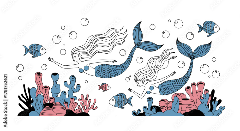 Obraz premium Enchanting underwater scene with mermaids swimming among vibrant coral reefs and playful fish.