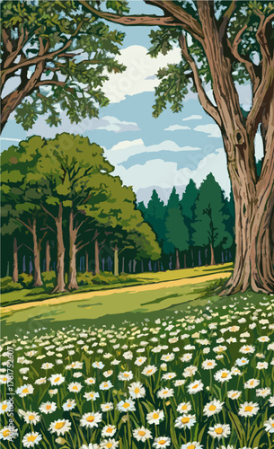 Beautiful meadow with white blooming flowers