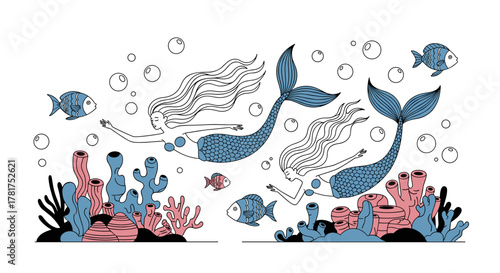 Enchanting underwater scene with mermaids swimming among vibrant coral reefs and playful fish.