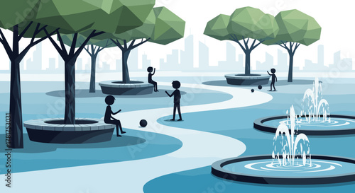 People enjoying a sunny day in a modern city park with fountains and trees.