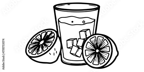 “Glass of fresh orange juice with ice cubes and sliced oranges beside — summer refreshment concept — background remove.”