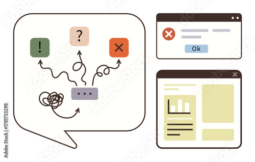 Speech bubble with decision cues , , X, swirling path arrows, and pop-up windows for alerts and data review. Ideal for problem-solving, choices, confusion, workflow UI design analysis