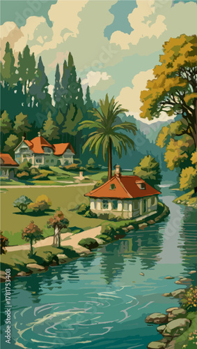 Mountain lake with wooden gazebo view