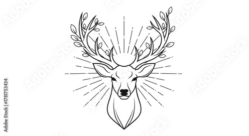 Artistic illustration of a deer head with antlers adorned with leaves and radiating lines.