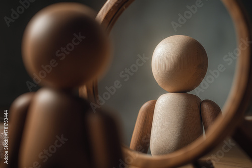 Wooden figure looking into mirror reflecting brighter version of itself, symbolizing transformation, confidence, and realization of inner potential and positive mindset 