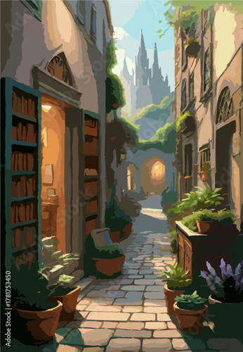 Narrow alley street with warm lighting