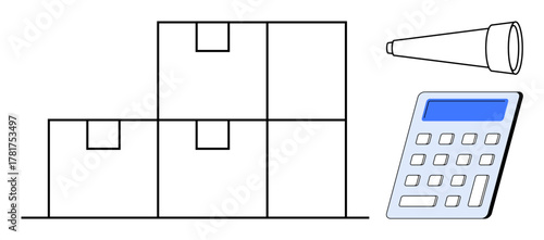 Stacked boxes symbolize storage and shipping, calculator represents financial calculations, and telescope signifies strategic vision. Ideal for logistics, planning, inventory, business, optimization