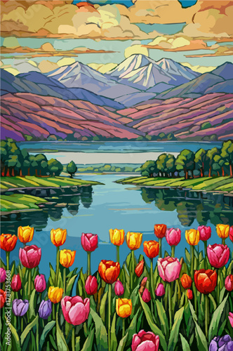 Tulip field beside calm blue lake