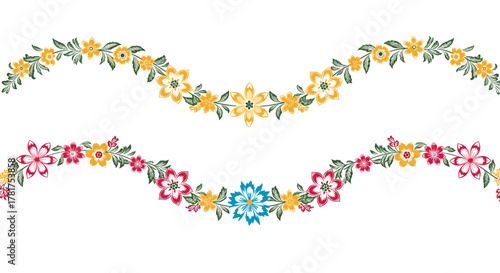 A lovely border of colorful flowers in a flowing wavy pattern.