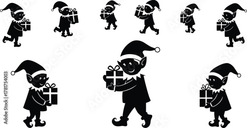 Christmas Elves Silhouette Vector Set Different Poses Carrying Presents Gift Boxes Holiday Festive Character Collection Icon Design Elements Mascot Helper Isolated White.