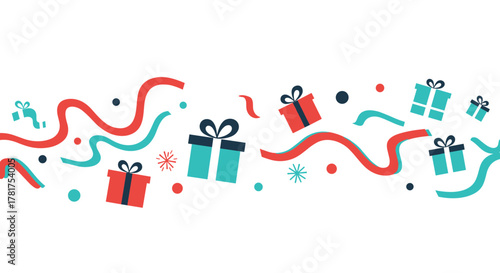 A festive border of colorful gift boxes and swirling ribbons creating a celebratory atmosphere for special occasions.