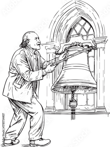 Sketch of a man ringing a large bell in a church tower isolated on transparent background