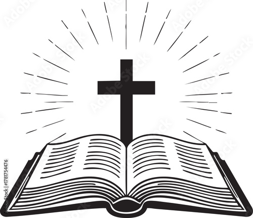 Christian cross emerging from open holy bible with radiant light isolated on transparent background