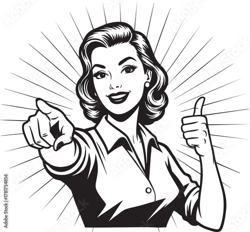 Confident retro woman pointing and giving a thumbsup in a black and white line art style.