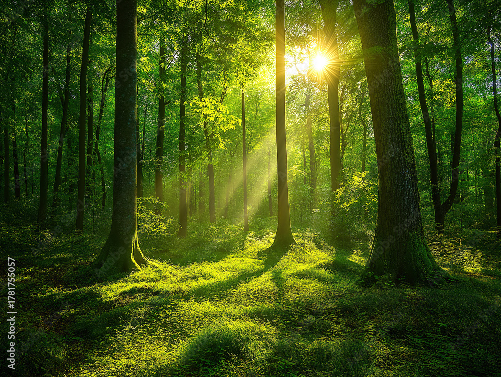 Fototapeta premium Eco-Rich Green Forest with Glowing Light Depicting Natural Preservation