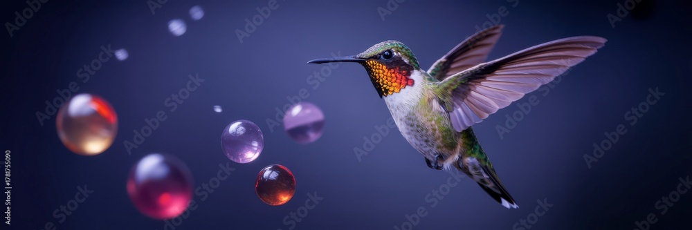 Obraz premium Hummingbird In Flight With Glowing Orbs Against Blue