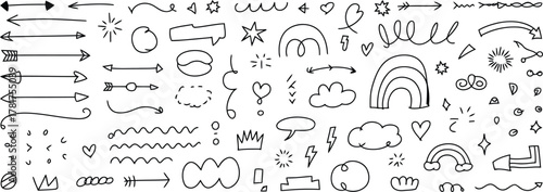 Doodle Sketch Elements Set Arrows, Hearts, Clouds, Stars, Rainbows and Speech Bubbles