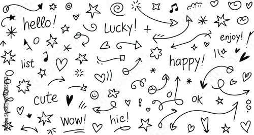 Doodle Icons, Arrows, Stars, Hearts, and Words Illustration on White Background Seamless Pattern
