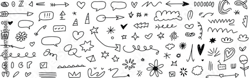 Doodle Sketch Seamless Pattern Featuring Hand Drawn Arrows, Hearts, Speech Bubbles and Stars